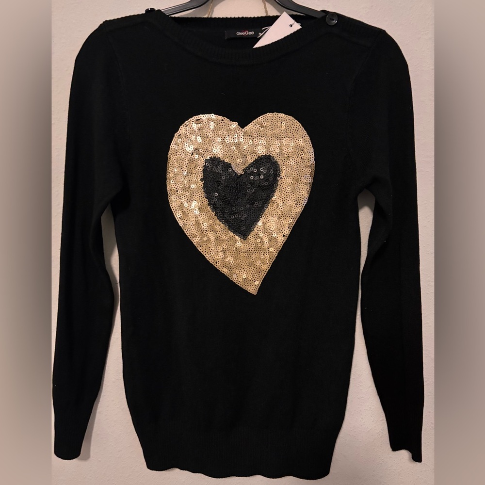 Black Sweater with Gold and Black Sequin Heart